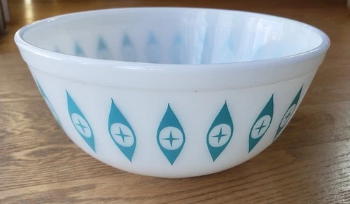 Vtg Atomic Eyes Pyrex Mixing  Bowl MCM 1950s White & Turquoise 403