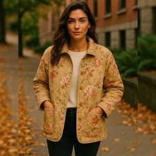 Reversible 2X Quilted Floral Jacket Cottagecore Boho Mustard Rose Print Button 