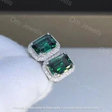 3Ct Lab Created Green Emerald Halo Women's Stud Earrings 14K White Gold Finish