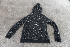 Nike Hoodie Kids Medium Black Swoosh All Over Print Pullover Sweatshirt Logo