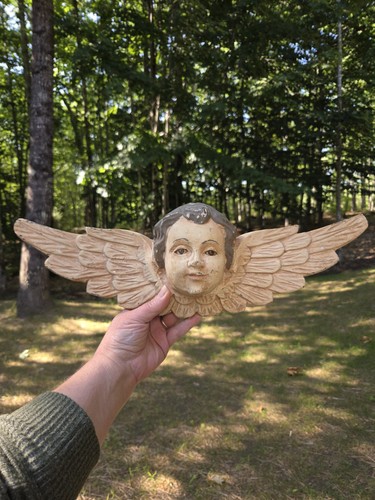 Vintage 18" Carved Wood Cherub Angel Wall Plaque Glass Eyes Winged Putto Folk