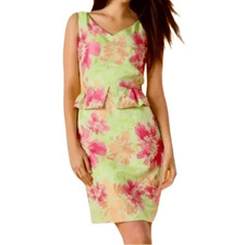 Tahari ASL V Neck Floral Sleeveless Peplum Dress in Green/Pink/Orange Women’s 10