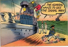 Vintage WWII Navy Comic Postcard Tichnor Signal Man Admiral Military Ship USA