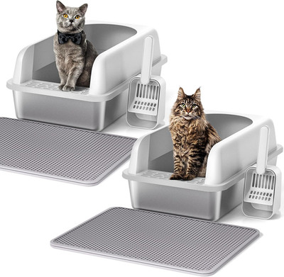Extra Large Stainless Steel Cat Litter Box with Lid & Accessories, 2 Pack