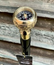 CLASSIC STYLE WOODEN WALKING STICK CANE BRASS COMPASS HANDLE FOLDABLE STICK