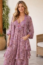 Women's Pink Floral 3-Piece Outfit Set Dress Palazzo Kimono Jacket V-Neck Ruffle