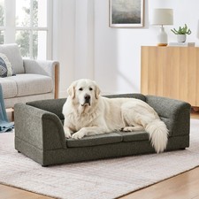 Oversized Pet Sofa Curved Armrest Rectangular Dog Sofa Linen Fabric Comfortable