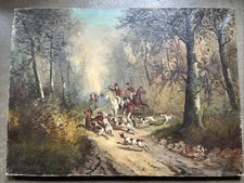 Caccia Alla Volpe /Cani/Foresta Grande Olio Su Tela Da Restaurare, Firmato?
