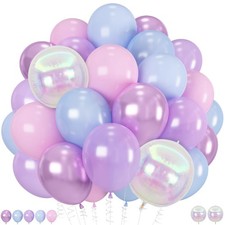 Pink Purple Blue Balloons, 62 Pcs 12 Inch Metallic Pastel Balloons, Pearl Pin...