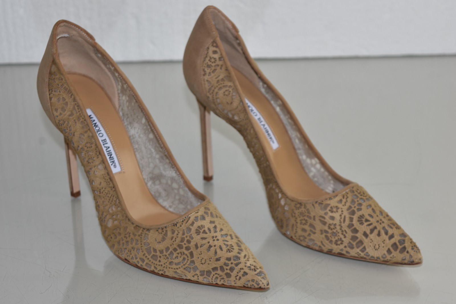 Nuovo Manolo Blahnik BB 105 Polpaccio Capelli Pony Lazer Taglio Beige Scarpe