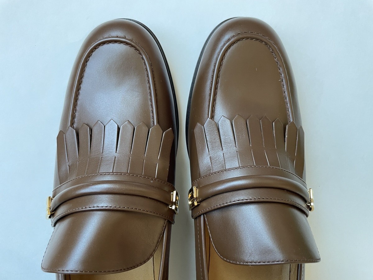 GUCCI Mens Mirrored G Gold Kiltie Loafer Brown Leather Sz UK 