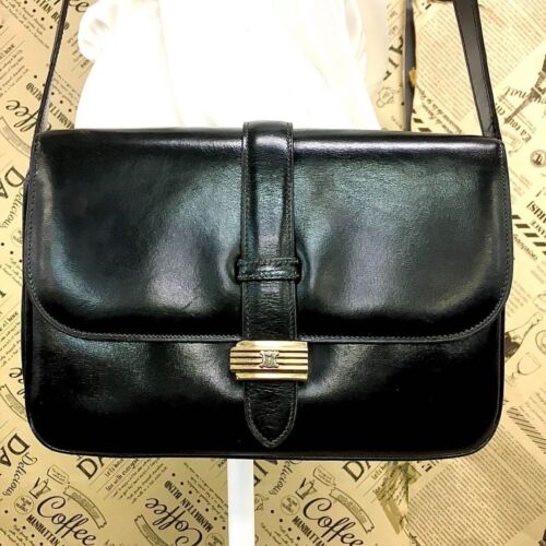 Celine Shoulder Bag Leather Pochette Triomphe Gold Hardware Black Good F/S - Picture 8 of 10