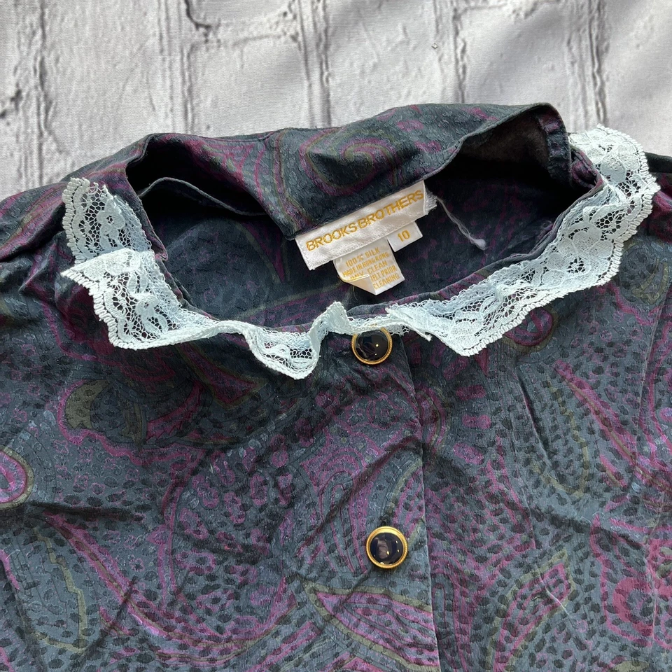 Vestido de Colección Años 80 Seda Brooks Brothers Paisley Encaje Cuello Defecto Pradera Loco Hombres Foto 3 de 4