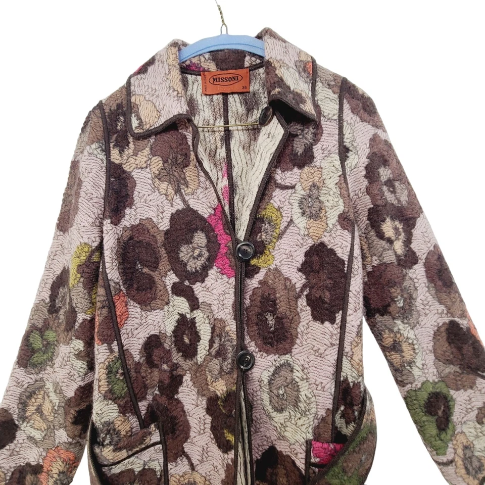 Abrigo para mujer Missoni con botones forrado tejido estampado floral ajustado talla larga pequeña Foto 3 de 4