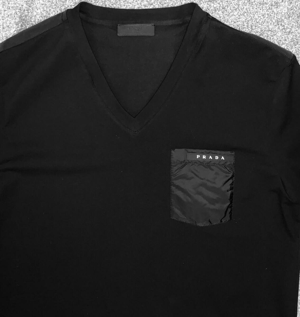 Prada V Neck Nylon Pocket T-Shirt white,black& Blue. 100 Prada V Neck Nylon Pocket T-Shirt white,black& Blue. 100