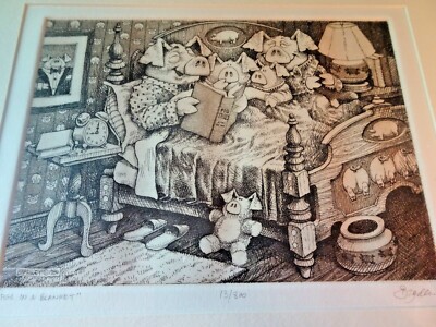 PIGS IN A BLANKET LTD ED ORIGINAL ETCHING PRINT, DALE C BRADLEY, 13/300, FRAMED