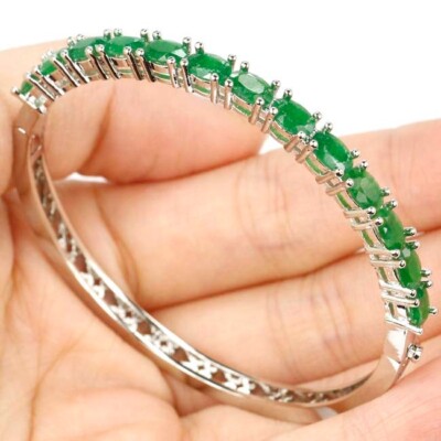 16g 925 SOLID STERLING SILVER Real Green Emeras Dating Bangle Bracelet 7.0''
