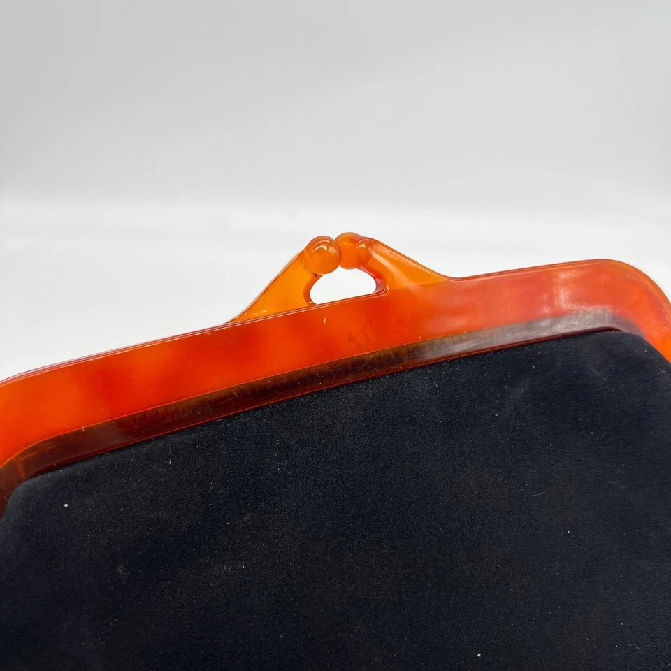 Bolso de Mano Koret Negro Niño Gamuza Naranja Cierre Lucite Vintage Koretlope Años 50 Foto 3 de 4