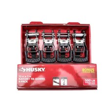 HUSKY RATCHET TIE-DOWN STRAPS 4-PACK 1 in. x 12 ft. Quick Release Hook 1500 lbs.