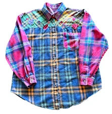VTG QPS Shirt Womens M/L Multicolor Plaid Embroidered Floral Flannel Boho 90s