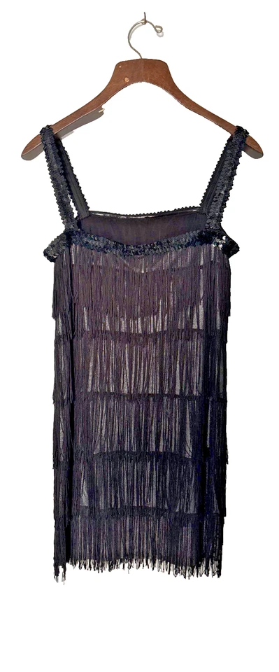 Black Fringe Sequin Flapper Dress L Women’s 1920s Gatsby Halloween Costume Vtg - Image 2 of 4