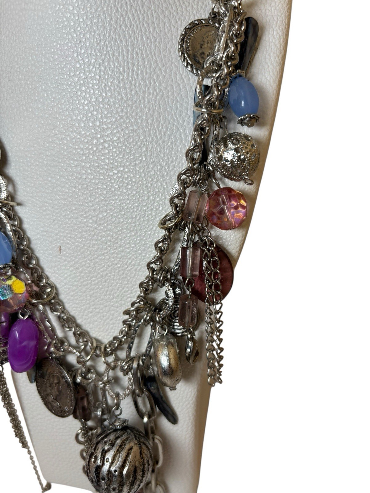 Statement Charm Necklace Silver Tone Multi Bead C… - image 7