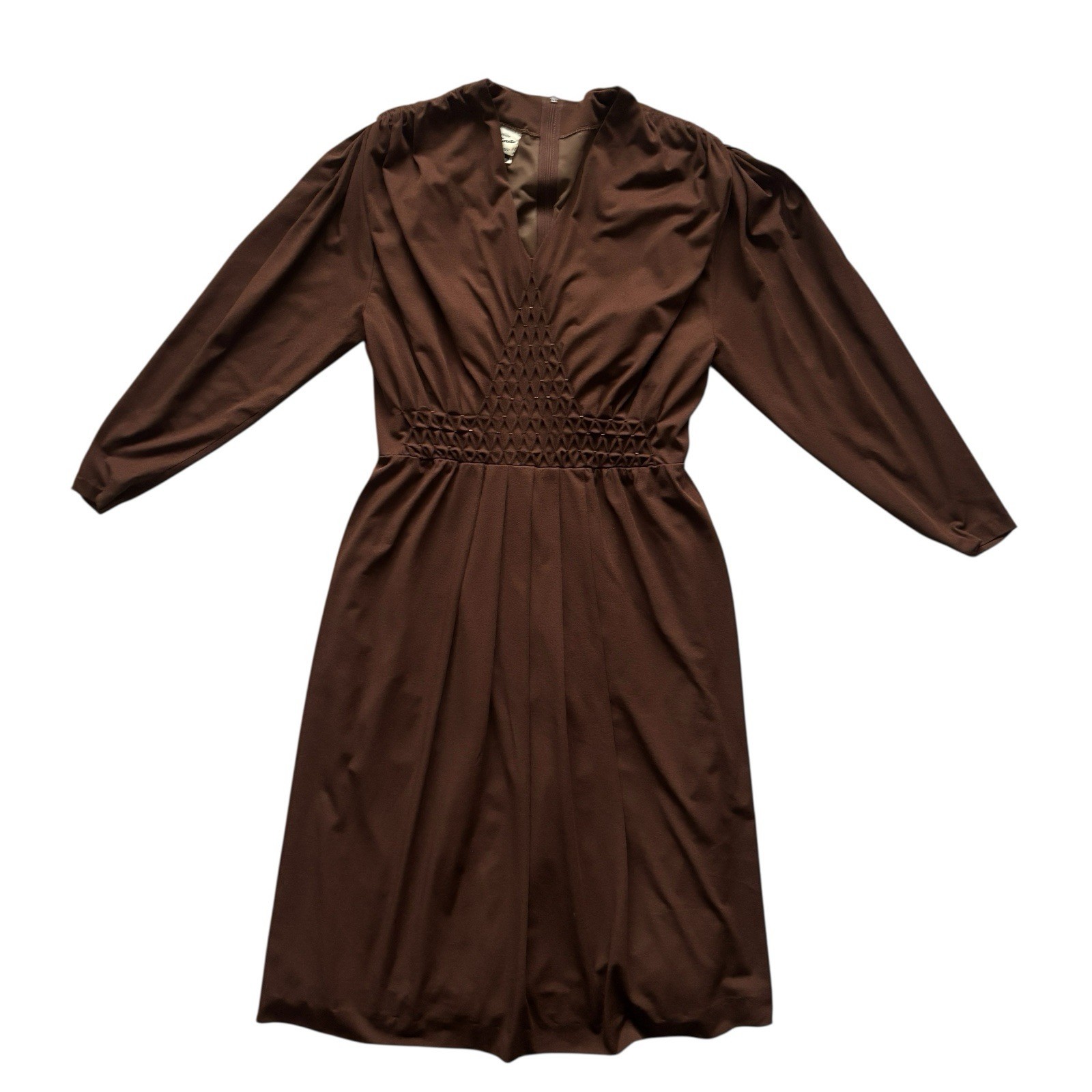 Vintage 80s Dress Brown Midi Ruched Gathered V Neck Retro Indie Boho 8 image 2