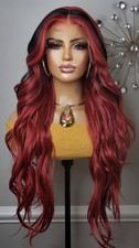 New Long Wavy Red Black Highlights Hair Lace Front Wig Womens Curly Style Wigs