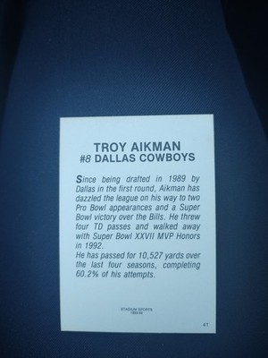 TROY AIKMAN COWBOYS 1993 STADIUM SPORTS GOLD SIGNATURE CARD #41