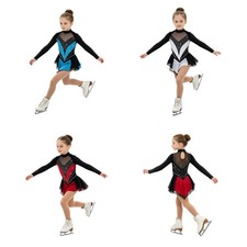 US Kids Girls Figure Skating Dance Costume Mesh Patchwork Rhinestones Dresses