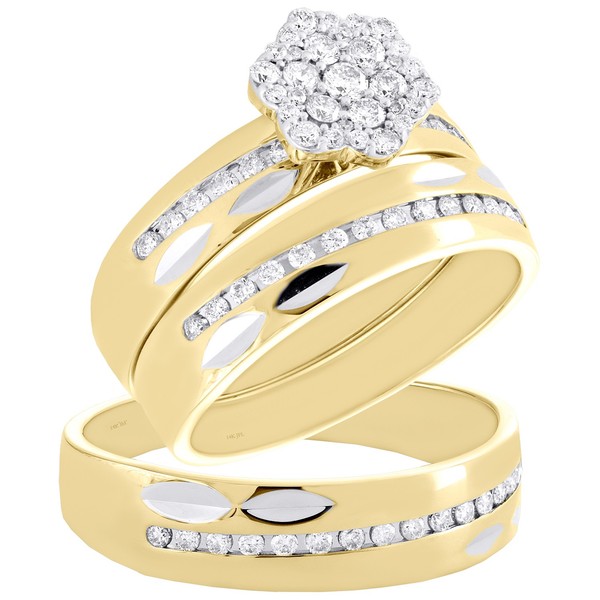 10K Gelbgold Diamant Dreifach Set Blume Halo Braut Set + Ehering 3/4 Karat-image