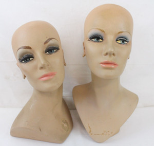 2 Vintage Fiberglass Mannequin Head Wig Painted Eyes Halloween Bust Eyelashes