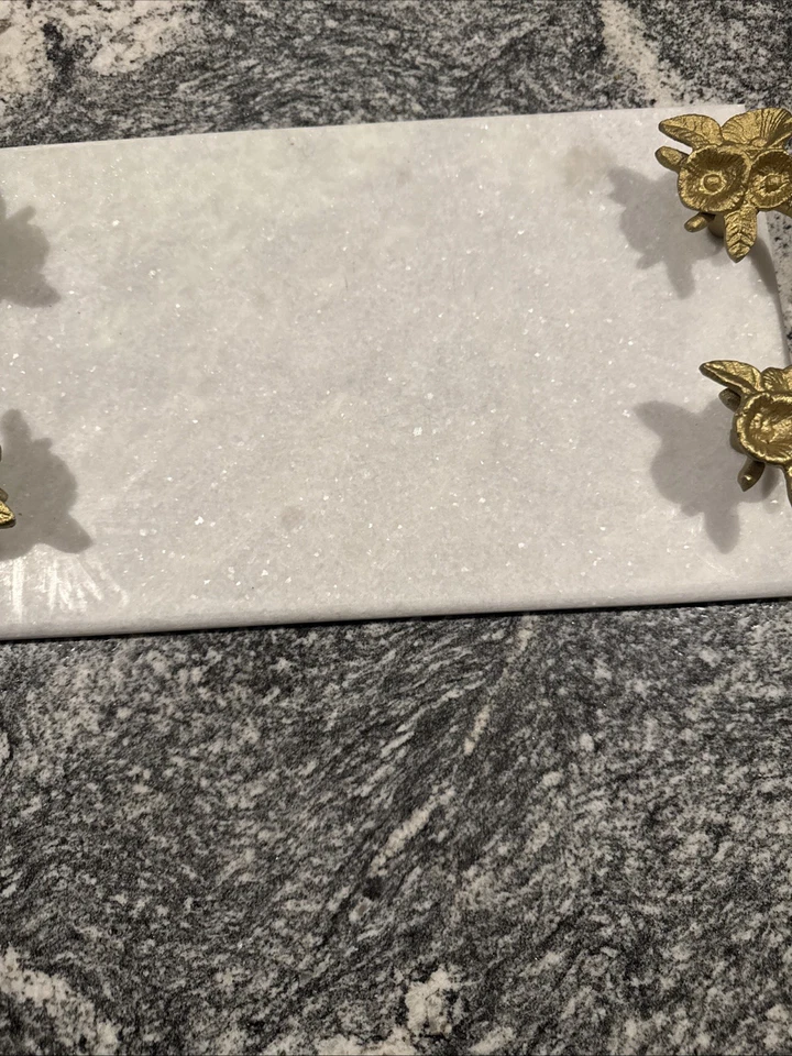 "Bandeja para servir de mármol blanco indio con mango de metal acabado dorado DECORATIVA 14x8""" Foto 3 de 4