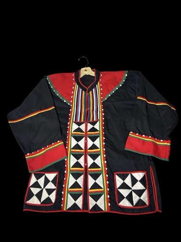 VTG Akha Hill Tribe Jacket Sz Large Black Read Handwoven Embroidered Thailand