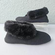 Dearfoams Womens Black Knit Faux Fur Trim Sweater Boot Slipper 9/10