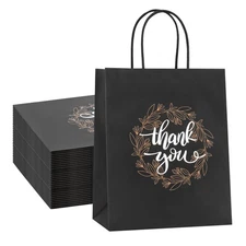 Thank You Gift Bags Bulk 50 Pcs 8x4.75x10 Inches Medium Black Kraft Paper Bags w