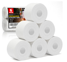 6 Pack White Athletic Sports Tape 1.5"x27ft, Easy Tear Strong Adhesive