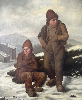 19th Century Antique Oil Painting Winter Snow Landscape Two Children Framed