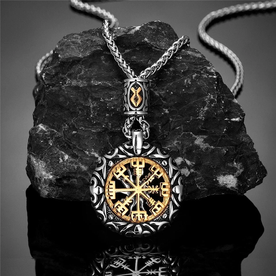 Norse Viking Compass Pendant Necklace Men Sun Rune with Leather Wheat Chain Gift - Image 2 of 4