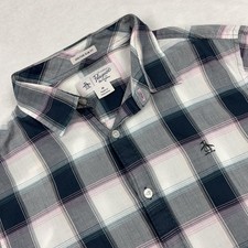 Original Penguin Button Up Shirt Men M Blue Plaid Short Sleeve Slim Fit