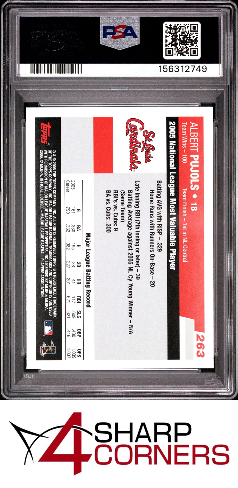 2006 TOPPS #263 ALBERT PUJOLS CARDINALS PSA 10 view 2