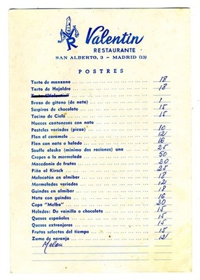 Valentin Restaurante Menu San Alberto Madrid Spain Conac Fundador Domecq