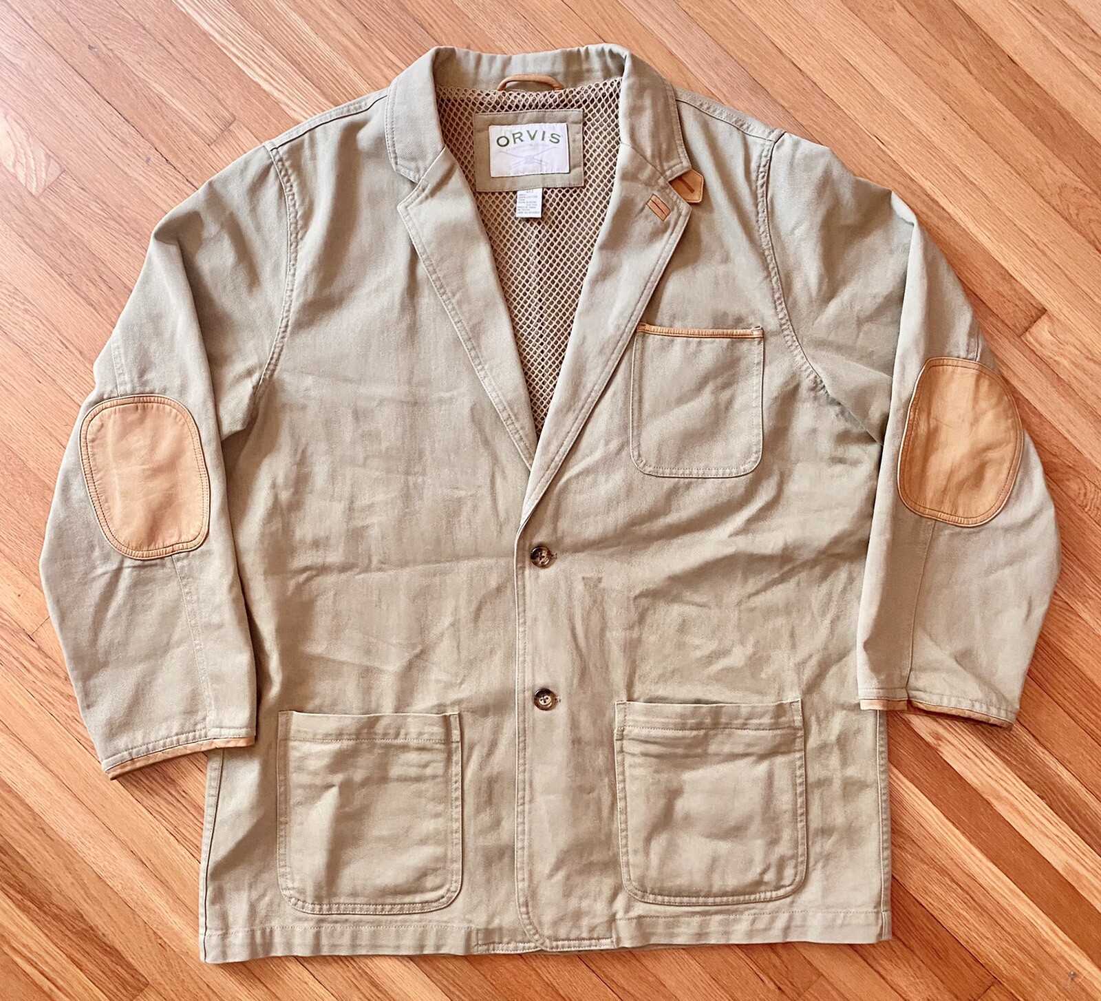 Orvis Field Sporting Jacket Coat Tan Leather Elbow Pads Size 46T