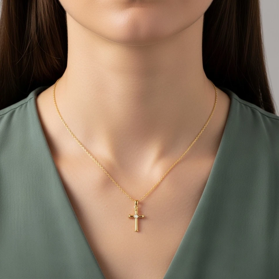 14K реальный твердого желтого золота изящный крест христианский CZ подвеска ожерелье 18 дюймов - Изображение 2 из 4