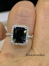 3CT Emerald Cut Real Black Onyx Engagement Wedding Halo Ring 14K White Gold Over