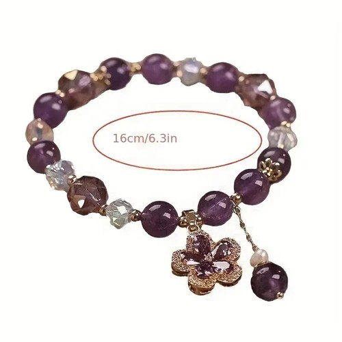 Natural Amethyst Feminine Zirconia Flower Charm Bead Stretch Bracelet Handmade - Picture 3 of 7