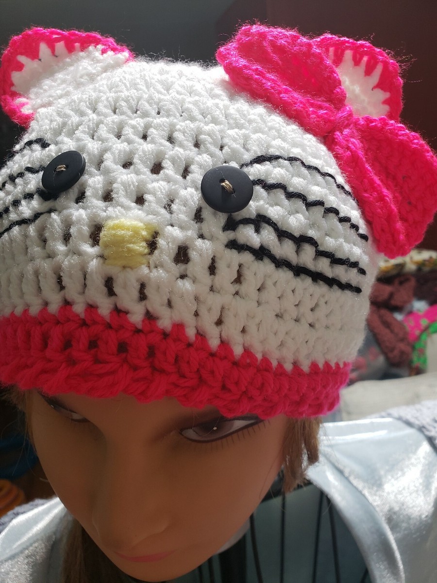 HELLO KITTY Hat, Handmade, crochet ,white, w/pink trim, w 20  display picture 1