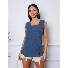 Square Neck Decorative Button Tank