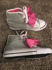 JOJO SIWA Girls SIlver Glitter High Tops Shoes Pink Bow Sz 2.5 Worm Once EUC