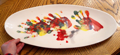 Serving Platter 21'' Long Oval Ceramic Garlic Bread Fish Cute Hand Painted Plate